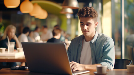 young businessman working with laptop in cafe