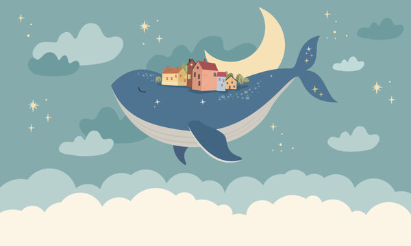 Children graphic illustration for nursery wall. Wallpaper design for kids room interior. Vector illustration with fantasy magic city on the back of whale flying in the sky