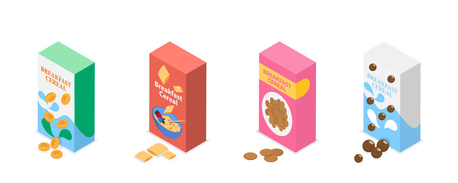 3D Isometric Flat  Set of Breakfast Cereals, Corn Flakes or Porridge Oatmeal