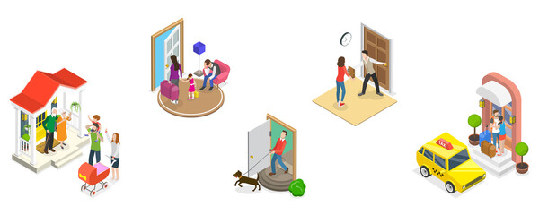 3D Isometric Flat Conceptual Illustration of Set Of People Leaving Home, Goodbye on House Doorstep