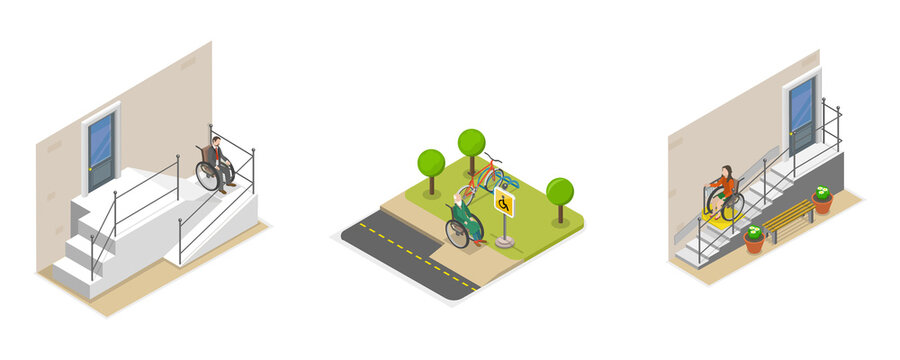 3D Isometric Flat  Conceptual Illustration of Disability Accessibility, Social Assistance, Assistive Technologies