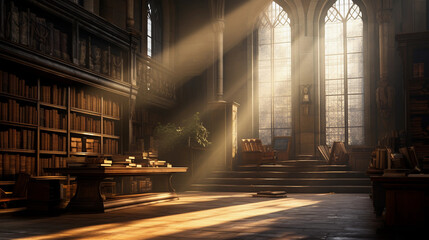 An old dusty library with two windows shining light onto its multilayer stacks filled with books and adventures waiting to be explored table filled with books