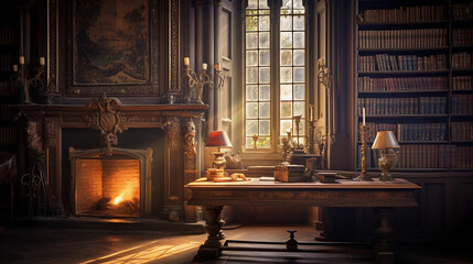 An old dusty library with a warm cozy fireplace with two windows shining light onto its multilayer stacks filled with books and adventures waiting to be explored table filled with books - obrazy, fototapety, plakaty