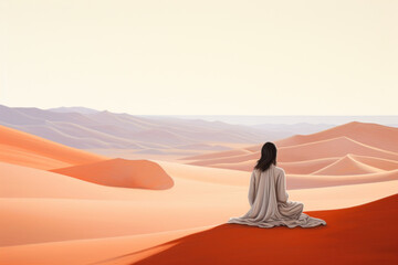 Fototapeta na wymiar color block pastel illustration of woman from the back sitting in mindful meditating in nature by desert/sand for peace/clarity/mental wellbeing/balance digital painting hand drawn look