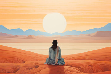 color block pastel illustration of woman from the back sitting in mindful meditating in nature by desert/sand for peace/clarity/mental wellbeing/balance digital painting hand drawn look - obrazy, fototapety, plakaty