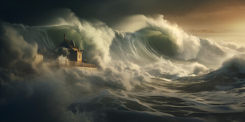 tidal wave crashing over house - obrazy, fototapety, plakaty