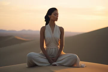 Foto op Canvas editorial film photo of a young white woman sitting in mindful meditating in nature by desert/sand for peace/clarity/mental wellbeing/balance magazine style © MaryAnn