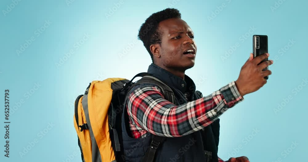 Poster hiking, cellphone gps and black man problem, lost and bad signal, network and search for connection,