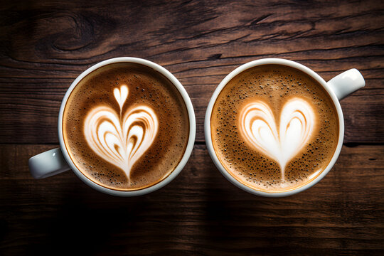 two cups of coffee with heart shape foam art decoration