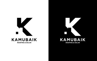 K Letter and Solar power home logo icon template. Solar panel on roof with house and sun sign. Alternative energy company emblem. Renewable electricity business symbol. Vector illustration.