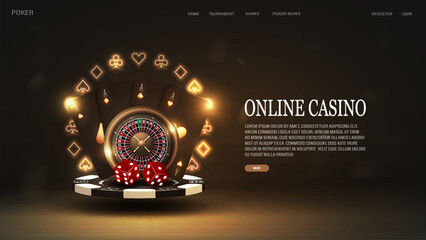 A web banner with poker cards, casino roulette, dice on a podium made of chips with a neon frame of diamonds, hearts, spades and crosses in black and gold.
