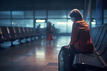 Upset, sad and disappointed female traveler due to misses her flight, delay or cancelled at the airport terminal - obrazy, fototapety, plakaty