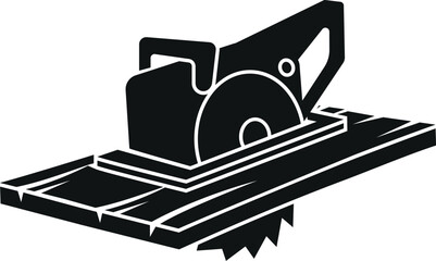 Cartoon Black and White Illustration Vector Of A Wood Table Saw Cutting a Plank of Lumber Wood