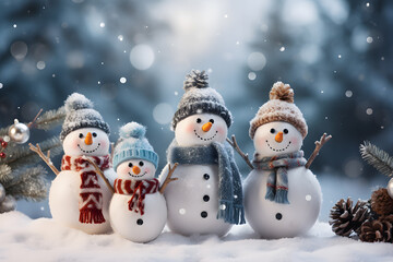 Merry Christmas and happy new year with row of snowmen in the winter landscape