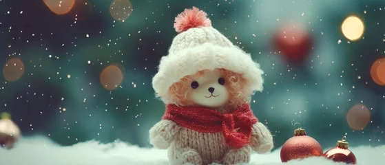 Fotobehang Cutest handmade knitted wool stuffed bear with Christmas tree decorations, fluffy and cuddly with friendly smile and adorable face, wholesome and joyous teddy toy celebrating special time of the year. © SoulMyst