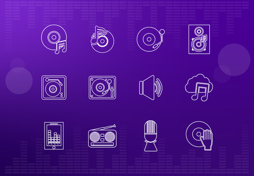 Purple Line Art Music Audio DJ Equipment Icon Set