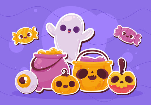 Purple and Orange Cute Spooky Halloween Sticker Set
