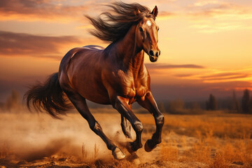 Powerful horse galloping across open field at dawn, capturing its strength and freedom, ideal for equestrian and nature lovers - obrazy, fototapety, plakaty