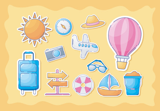 Colorful Travel and Vacation Sticker Icon Set