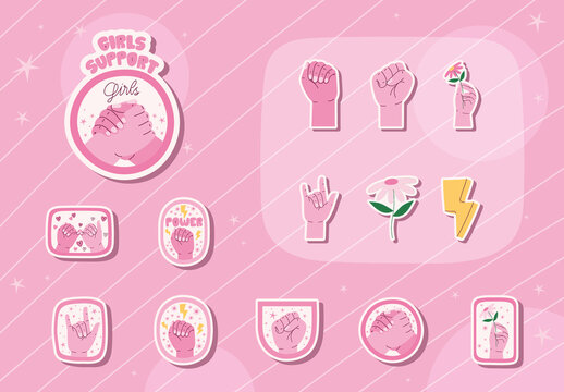 Pink Flat Woman Empowerment Icons Set Minimalist Girl Power Illustration