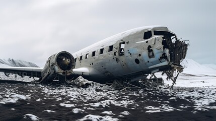 crashed plane in the snow - obrazy, fototapety, plakaty