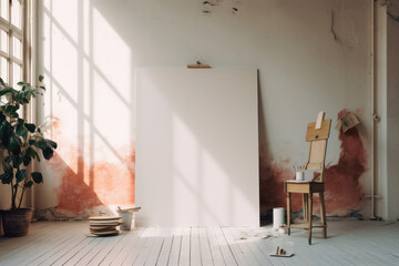 big empty canvas frame in minimalist scandinavian art studio/gallery mock up on wall/easle in curated vintage film look for editorial magazine wall art poster