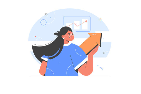 Finance increasing concept illustration. Women character investing money, becoming financially successful and capital growth. Business Vector. Hold up arrow ponter