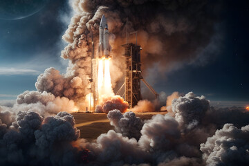 Futuristic spacecraft launches, exploring the universe with speed and innovation.