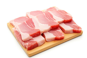 A few slices of raw pork belly, uncooked and ready for preparation, a versatile and delicious cut of meat, isolated on a white background