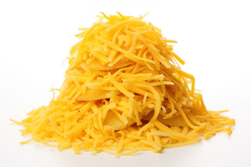 A generous pile of grated cheddar cheese, featuring its distinct bright yellow-orange color and a rich, savory flavor, tacos, salads, or baked potatoes, isolated on a white background - obrazy, fototapety, plakaty