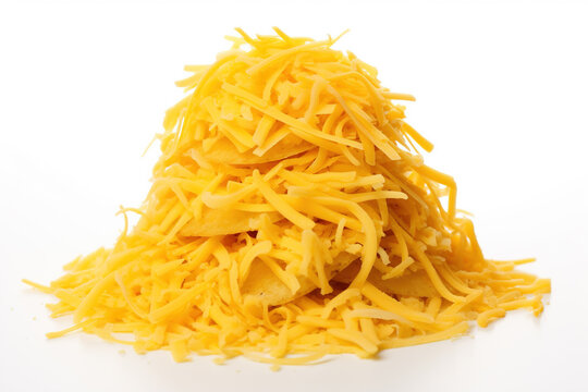A generous pile of grated cheddar cheese, featuring its distinct bright yellow-orange color and a rich, savory flavor, tacos, salads, or baked potatoes, isolated on a white background