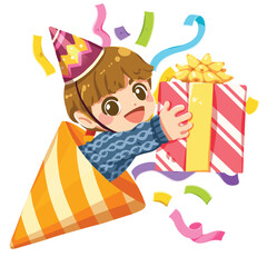 Cute cartoon illustration of child with Confetti firecracker paper. New year theme, These cute cartoon file are perfect for T-shirts, phone cases, bags, mugs, stickers, tumblers.