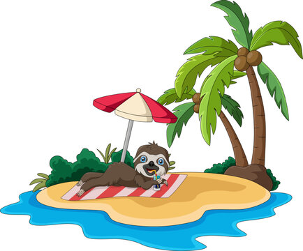 Cute sloth cartoon relaxing on the beach