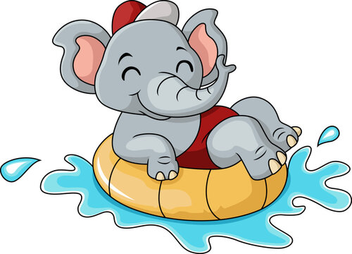 Cute elephant cartoon floating on inflatable ring