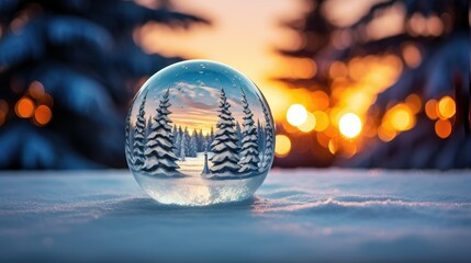 Christmas glass ball with tree in it on winter background- generative AI