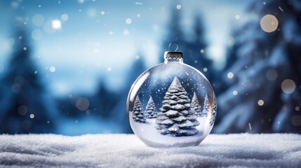 Christmas glass ball with tree in it on winter background- generative AI - obrazy, fototapety, plakaty