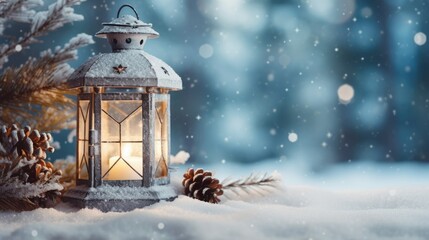 Christmas Lantern On Snow With Fir Branch in the Sunlight. Winter Decoration Background- generative AI
