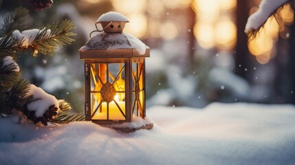 Christmas Lantern On Snow With Fir Branch in the Sunlight. Winter Decoration Background- generative AI