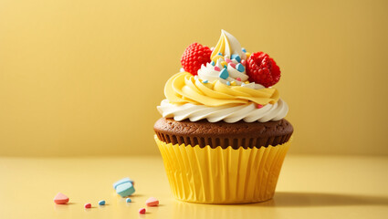 Delicious cup cake on yellow background. Backdrop with copy space