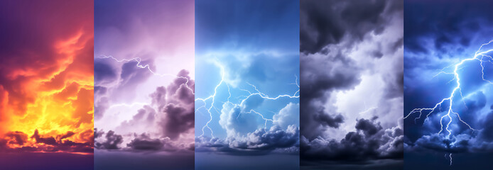 Collage of different Lightning thunderstorm flash over the night sky. Concept on topic weather, cataclysms (hurricane, Typhoon, tornado, storm) - obrazy, fototapety, plakaty