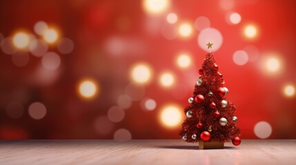 Christmas Tree With Ornament And Bokeh Lights In Red Background- generative AI