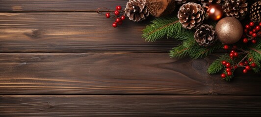 christmas wooden natural decoration ornament wide horizontal banner with copyspace- generative AI