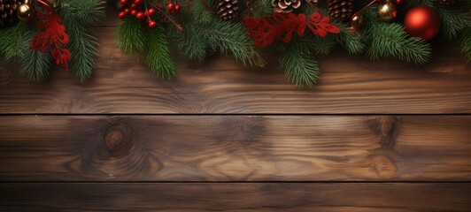 Fototapeta na wymiar christmas wooden natural decoration ornament wide horizontal banner with copyspace- generative AI