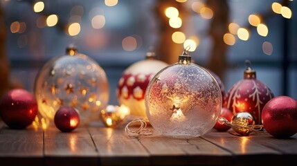 Close-up of assorted Christmas baubles and fairy lights on a table- generative AI