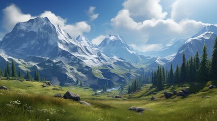 Fototapeta premium Majestic Mountain Peaks, Snow Capped Summits and Alpine Meadows Game Art