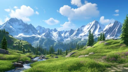 Fototapeta premium Majestic Mountain Peaks, Snow Capped Summits and Alpine Meadows Game Art