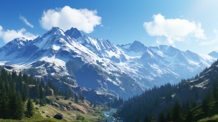 Fototapeta premium Majestic Mountain Peaks, Snow Capped Summits and Alpine Meadows Game Art
