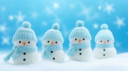 little knitted snowmans on soft snow on blue background- generative AI