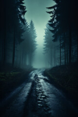 Obraz premium Foggy dark forest road with trees and fog. Halloween concept
