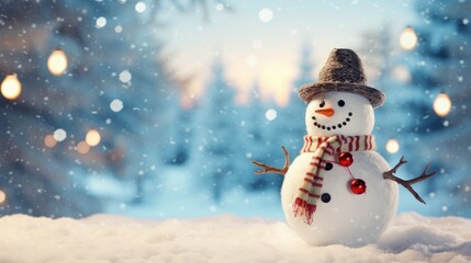 Merry christmas and happy new year greeting card with copy-space.Happy snowman standing in christmas landscape.Snow background.Winter fairytale.- generative AI